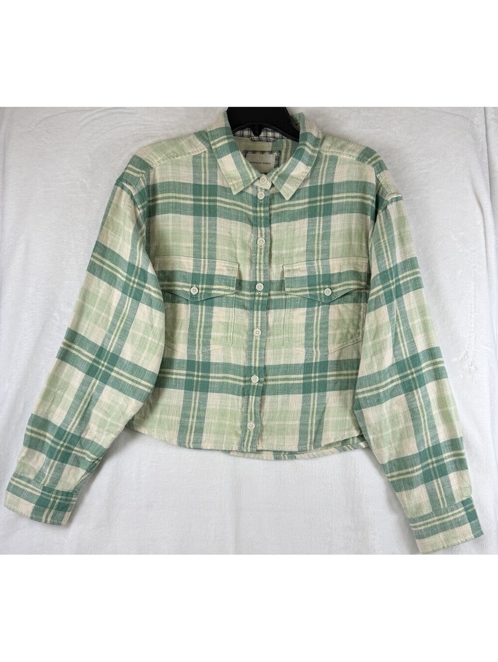 American Eagle Crop Flannel Top Medium Green Plaid Long Sleeve Womens